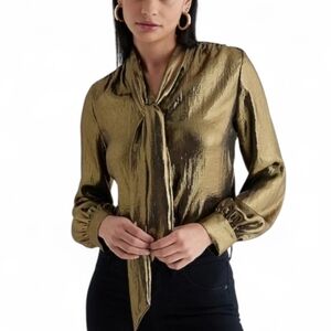 Express Relaxed Portofino Metallic Gold Tie Blouse, Size L